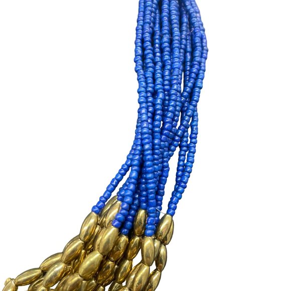 Blue Gold Beaded Layered Multi Strand Necklace Gold Tone Evening Party/Cocktail - Picture 4 of 5